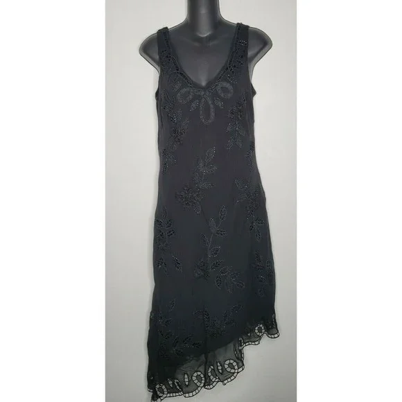 Lillie Rubin | Dresses | Lillie Rubin Womens Black Beaded Sequin Crochet  Silk Dress Asymmetrical Hem | Poshmark